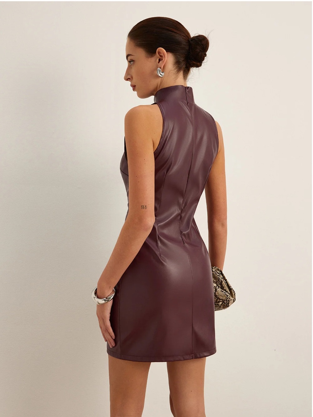 Commense Burgundy Faux Leather Mini Dress L | Stand Collar Bodycon Dress - Picture 5 of 6